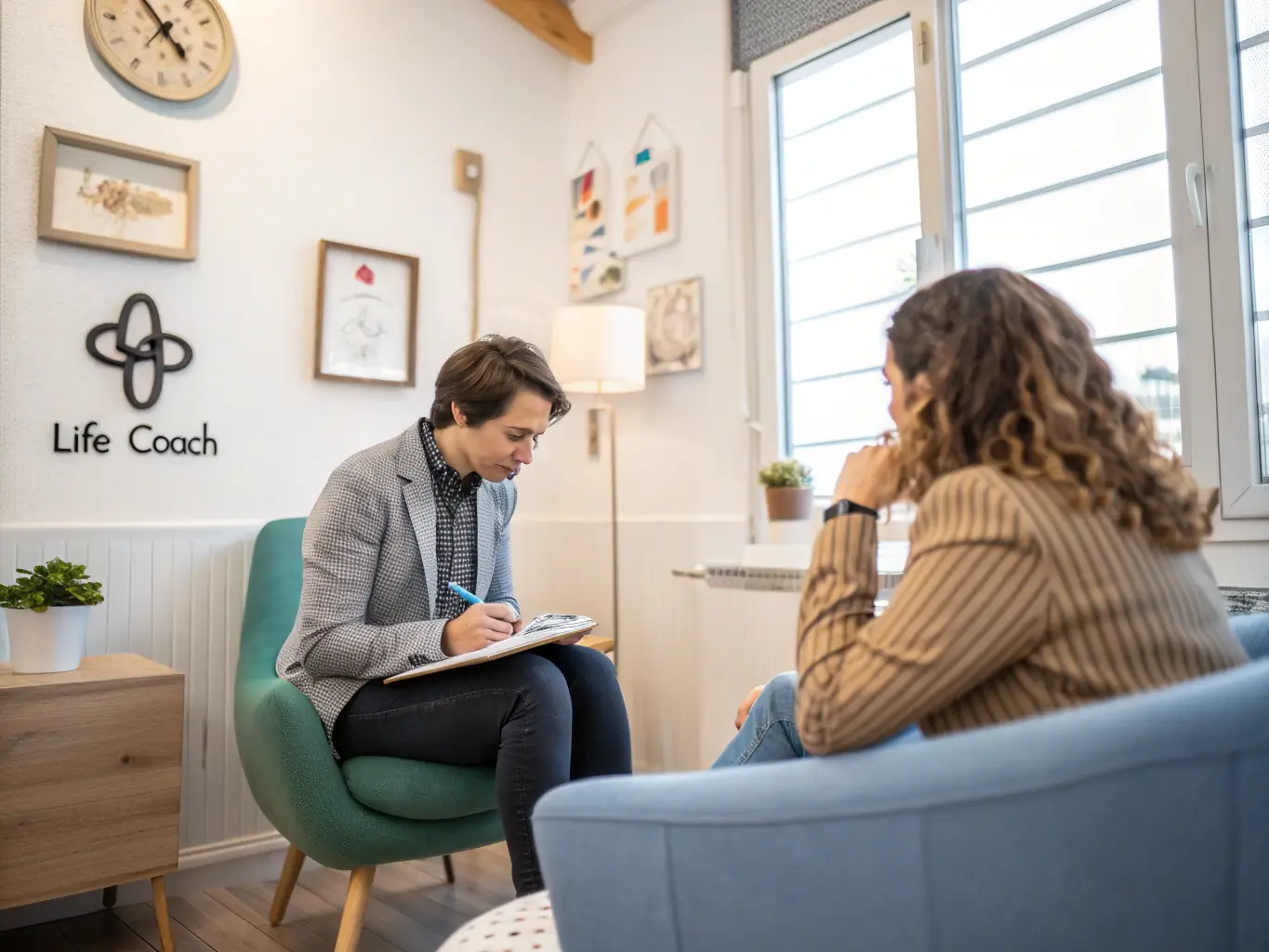 A professional coach engaging in a one-on-one session with a client in a modern office setting, with notes and a laptop visible, representing the personalized approach of one-on-one business coaching.