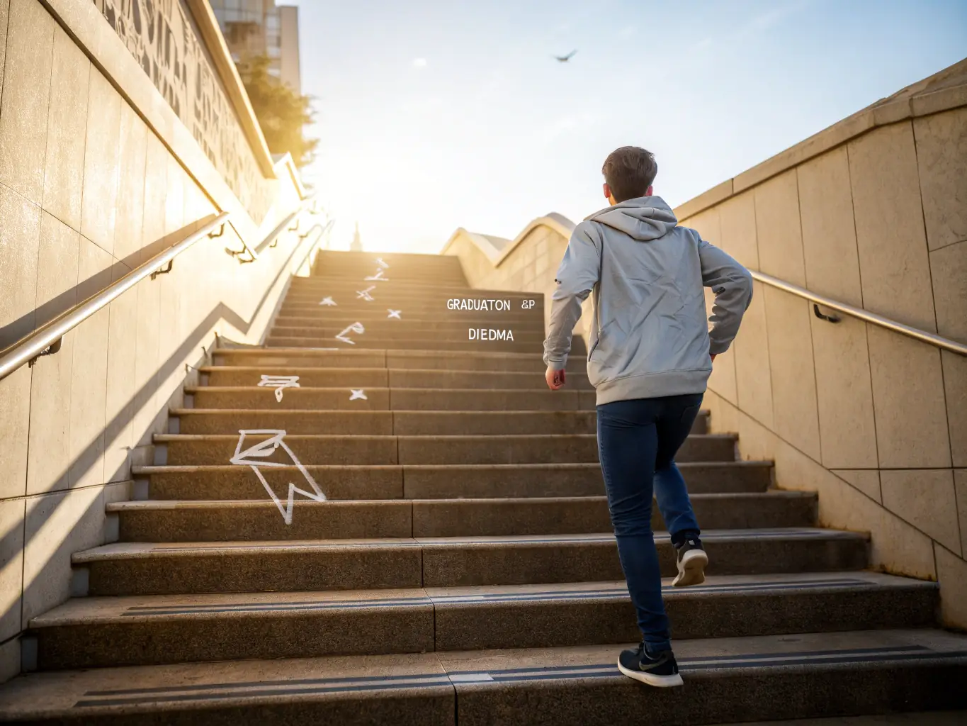 An image illustrating a person climbing a staircase towards a bright, open door, representing progress and achievement, with a determined expression.