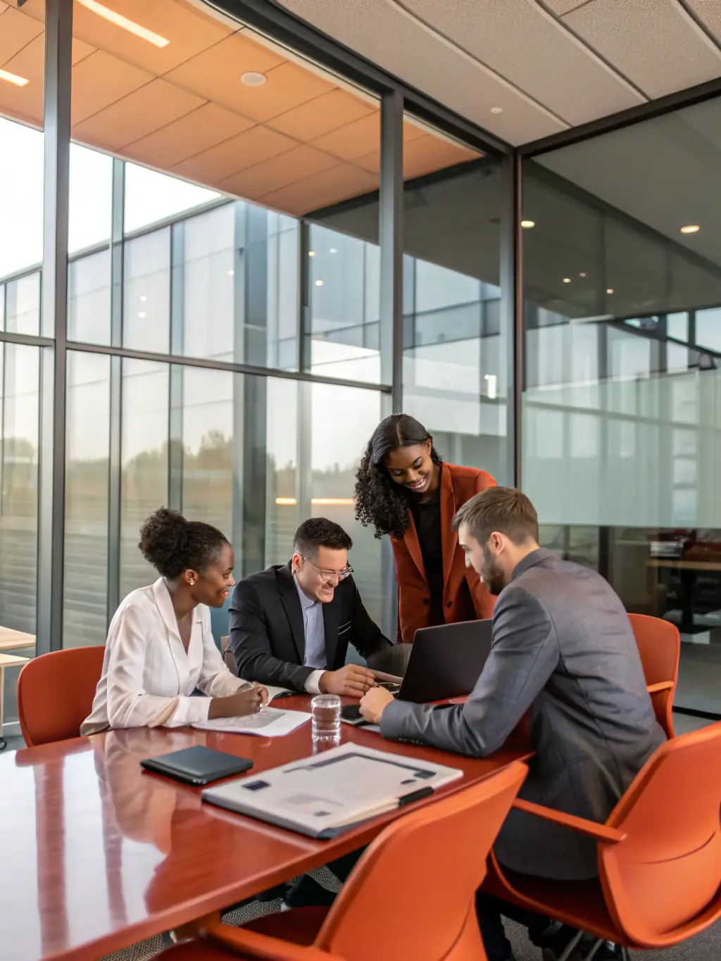 A diverse group of professionals collaborating in a modern office, symbolizing the inclusive and collaborative environment fostered by formamidenest.fun's coaching.