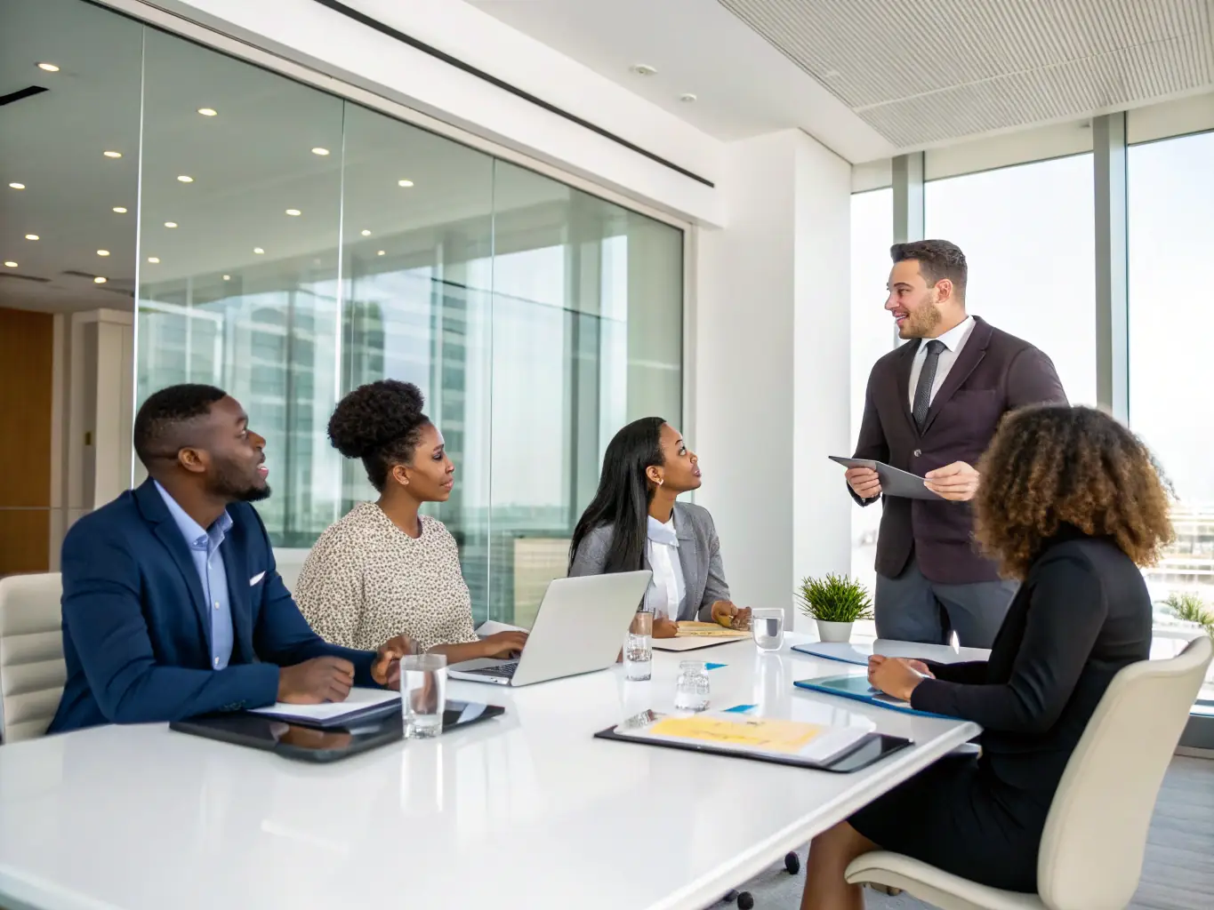 A small group of professionals engaged in a lively coaching session, with a facilitator guiding discussions in a bright conference room, illustrating the collaborative environment of the group coaching program.