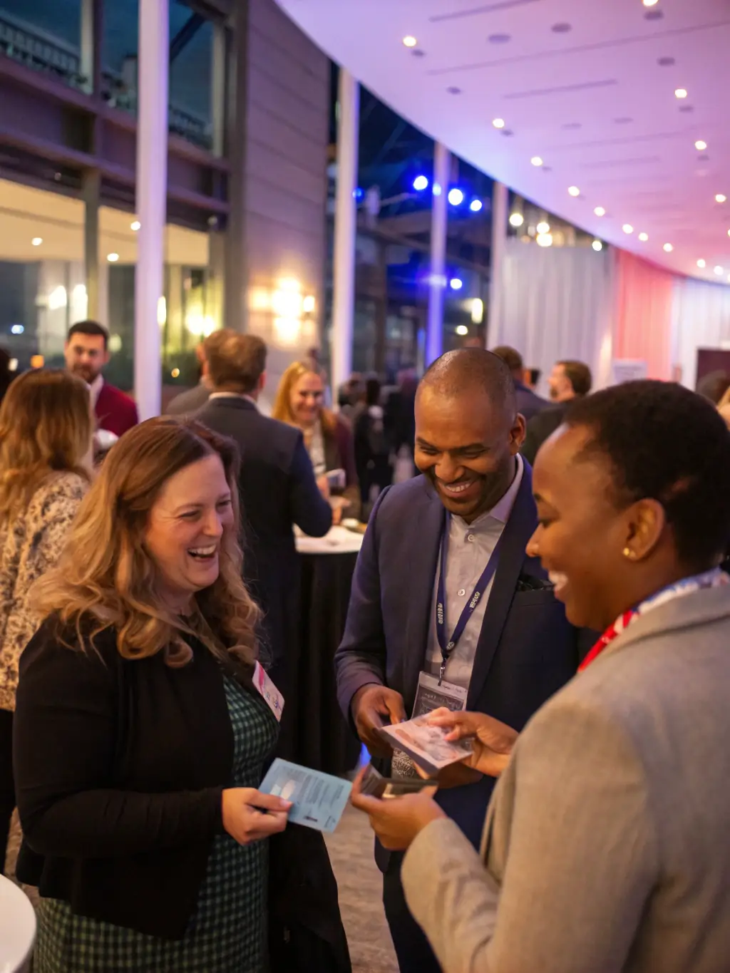 A professional networking at a business event, exchanging cards and engaging in conversation.