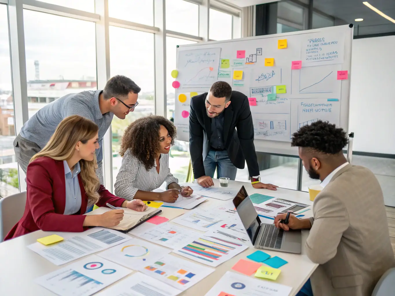 A workshop setting with participants brainstorming around a table, with charts and strategy maps displayed on a whiteboard, symbolizing the strategic planning focus of the business strategy workshops.