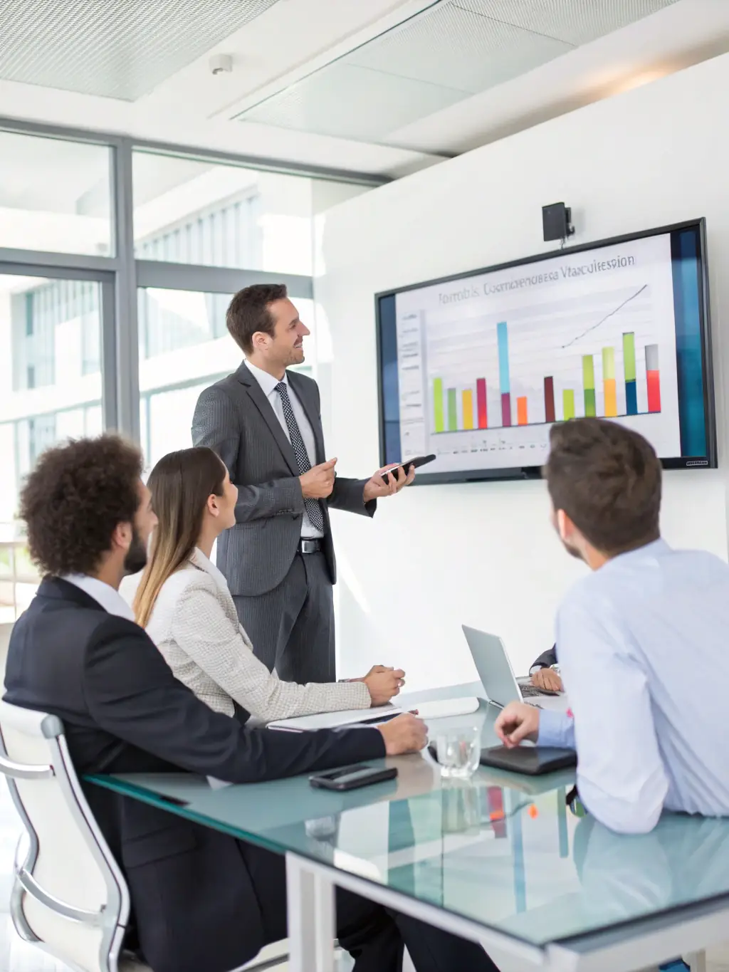 A person confidently presenting data insights on a screen during a business meeting, showcasing strategic decision-making.